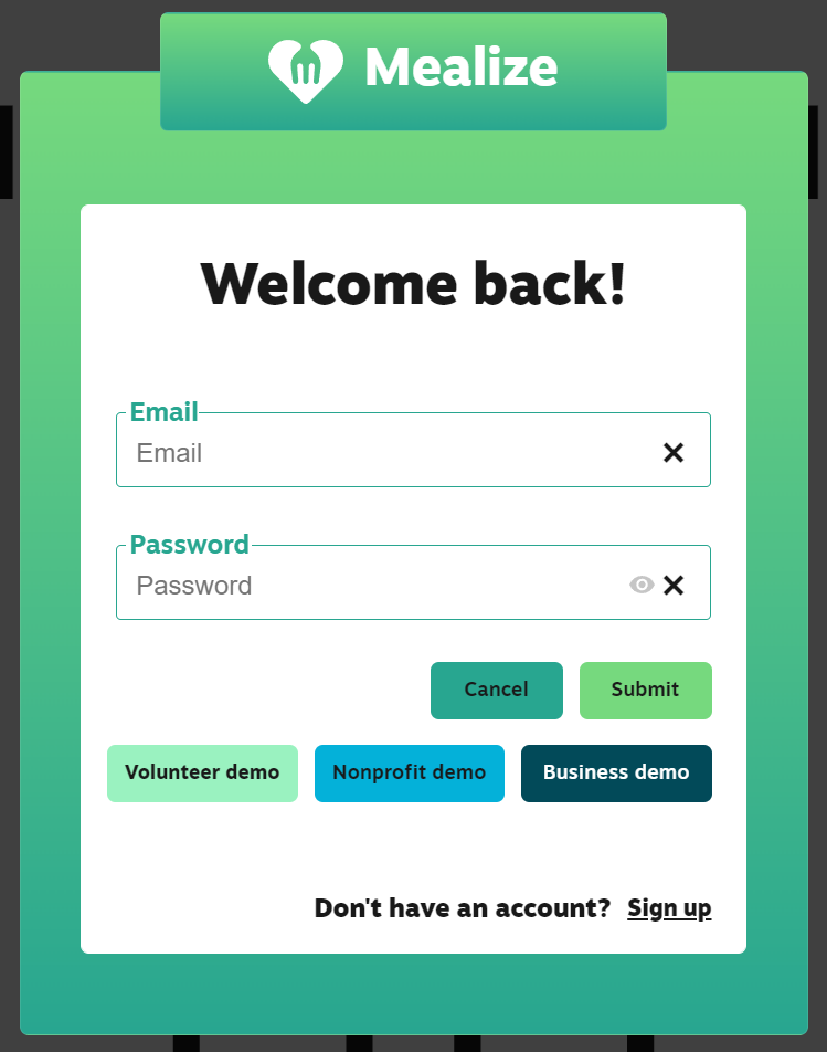 Login and sign up forms